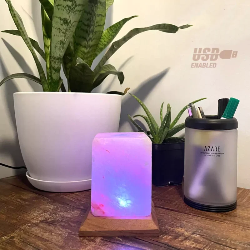 Cube Shape USB Salt Lamp with Multicolored LED Bulb